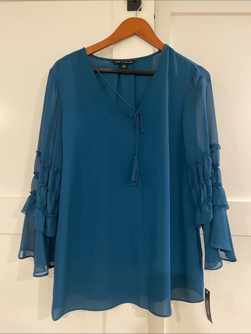 Zac & Rachel Teal V-Neck Tassel Sleeve Blouse